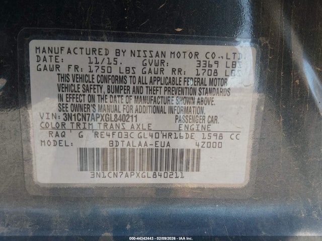 3N1CN7APXGL840211 Nissan Versa 1.6 S