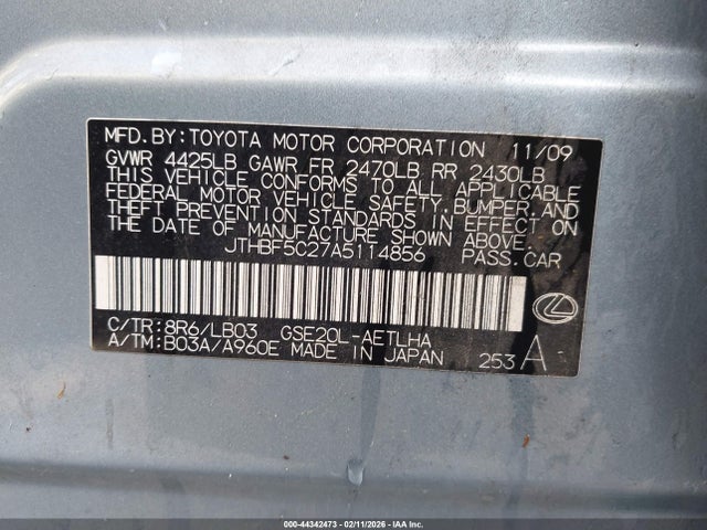Aukcja sprzedaży 2010 Lexus Is 250, vin: JTHBF5C27A5114856, numer aukcji: 44342473