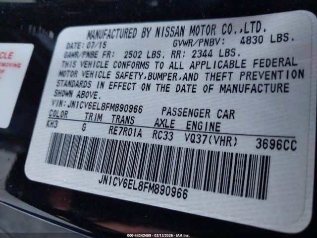 Aukcja sprzedaży 2015 Infiniti Q60, vin: JN1CV6EL8FM890966, numer aukcji: 44342499