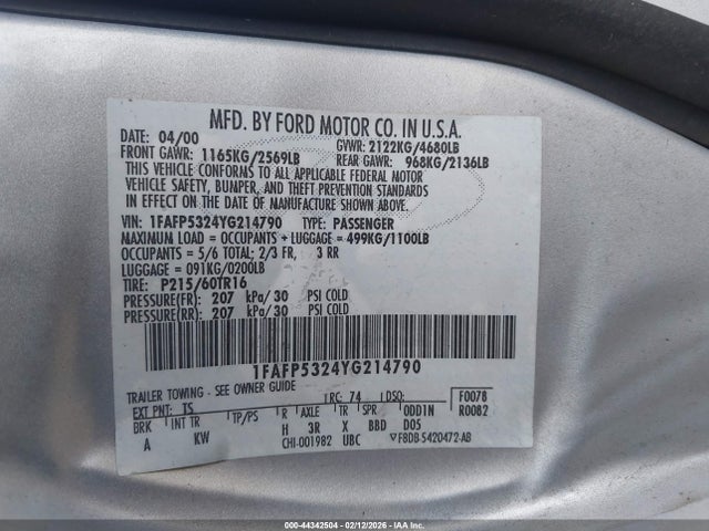 Aukcja sprzedaży 2000 Ford Taurus Se, vin: 1FAFP5324YG214790, numer aukcji: 44342504