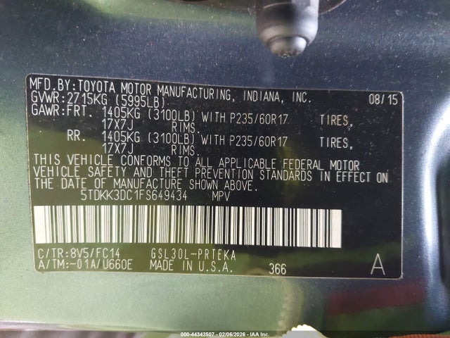 5TDKK3DC1FS649434 Toyota Sienna Le 7 Passenger/le 8 Passenger
