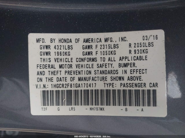 1HGCR2F81GA170417 Honda Accord Ex-l