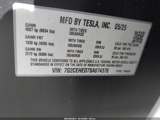 2025 Tesla Cybertruck All-wheel Drive მანქანა იყიდება აუქციონზე, vin: 7G2CEHED7SA074376, აუქციონის ნომერი: 44342518