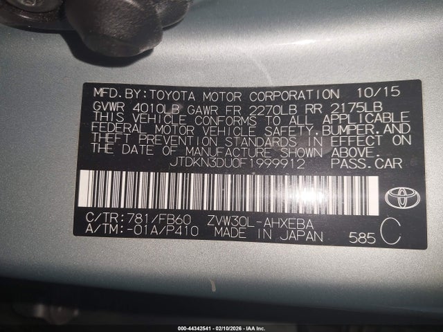 JTDKN3DU0F1999912 Toyota Prius Two