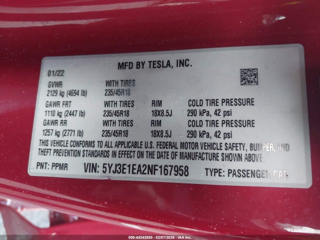 Tesla Model 3 Rear-wheel Drive 2022 5YJ3E1EA2NF167958 Image 9