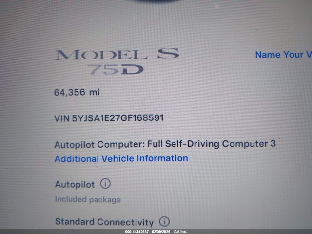 Продажа на аукционе авто 2016 Tesla Model S 60d/70d/75d/85d/90d, vin: 5YJSA1E27GF168591, номер лота: 44342587