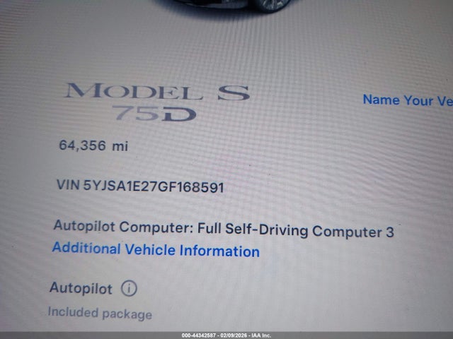 Продажа на аукционе авто 2016 Tesla Model S 60d/70d/75d/85d/90d, vin: 5YJSA1E27GF168591, номер лота: 44342587