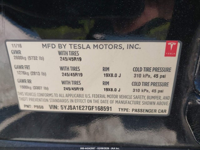 Продажа на аукционе авто 2016 Tesla Model S 60d/70d/75d/85d/90d, vin: 5YJSA1E27GF168591, номер лота: 44342587