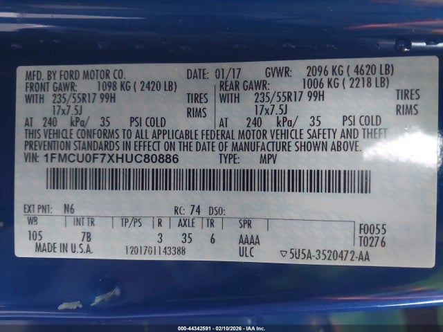 Продажа на аукционе авто 2017 Ford Escape S, vin: 1FMCU0F7XHUC80886, номер лота: 44342591