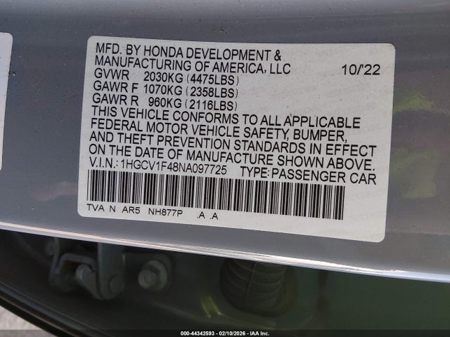 2022 HONDA ACCORD 1HGCV1F48NA097725 Photo 8