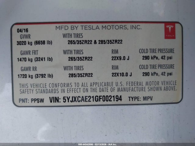 5YJXCAE21GF002194 Tesla Model X 60d/70d/75d/90d