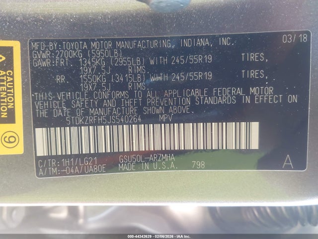 5TDKZRFH5JS540264 Toyota Highlander Se