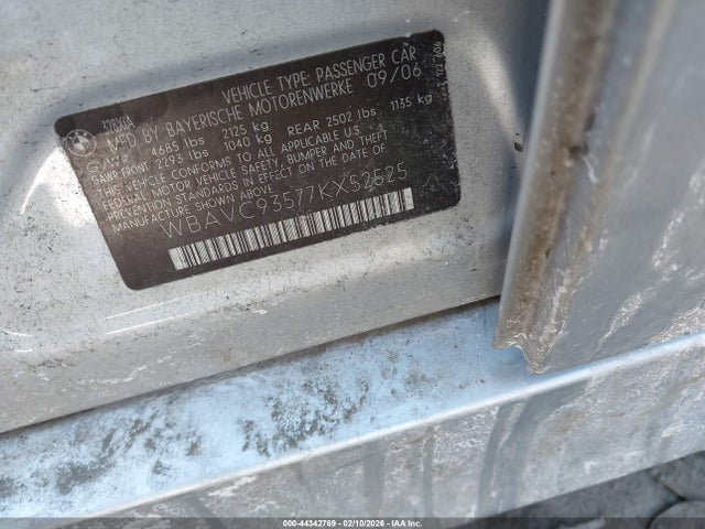 44342769 :رقم المزاد ، WBAVC93577KX52525 vin ، 2007 Bmw 328xi مزاد بيع