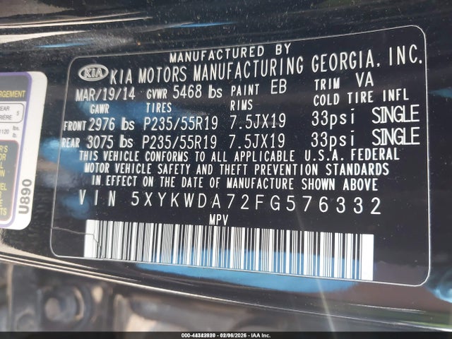 Aukcja sprzedaży 2015 Kia Sorento Limited V6, vin: 5XYKWDA72FG576332, numer aukcji: 44342820