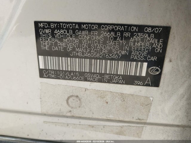44342838 :رقم المزاد ، JTHBJ46G582163467 vin ، 2008 Lexus Es 350 مزاد بيع