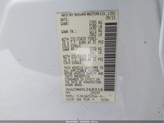 5N1AZ2MH0FN268916 Nissan Murano Platinum