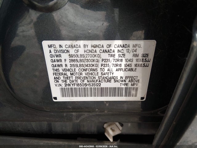 Aukcja sprzedaży 2005 Honda Pilot Ex-l, vin: 2HKYF18505H535122, numer aukcji: 44342988