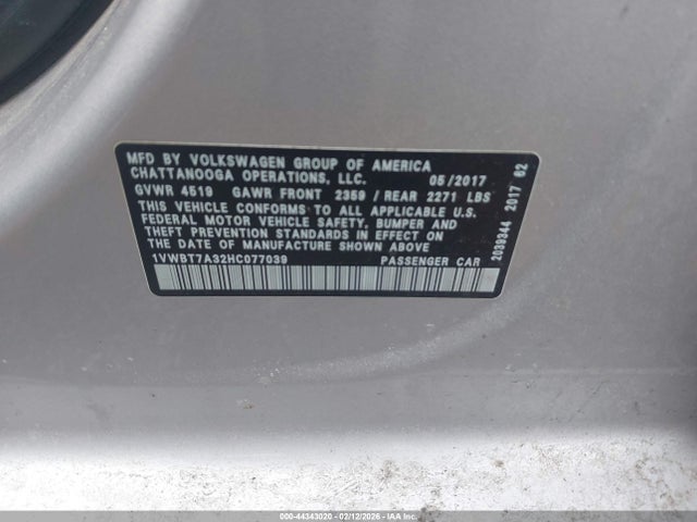 Aukcja sprzedaży 2017 Volkswagen Passat 1.8t Se, vin: 1VWBT7A32HC077039, numer aukcji: 44343020