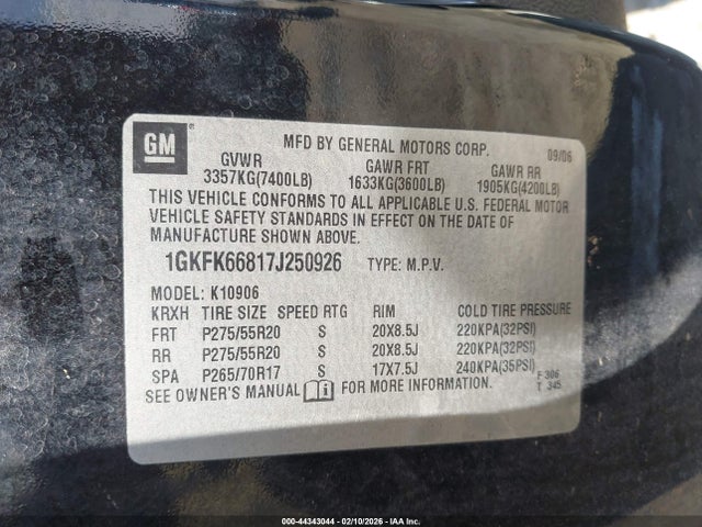 44343044 :رقم المزاد ، 1GKFK66817J250926 vin ، 2007 Gmc Yukon Xl 1500 Denali مزاد بيع