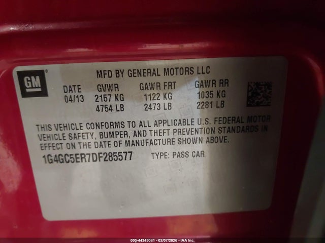 Aukcja sprzedaży 2013 Buick Lacrosse Leather Group, vin: 1G4GC5ER7DF285577, numer aukcji: 44343081