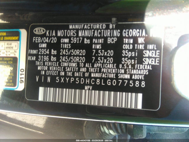 Aukcja sprzedaży 2020 Kia Telluride Sx, vin: 5XYP5DHC8LG077588, numer aukcji: 44343106