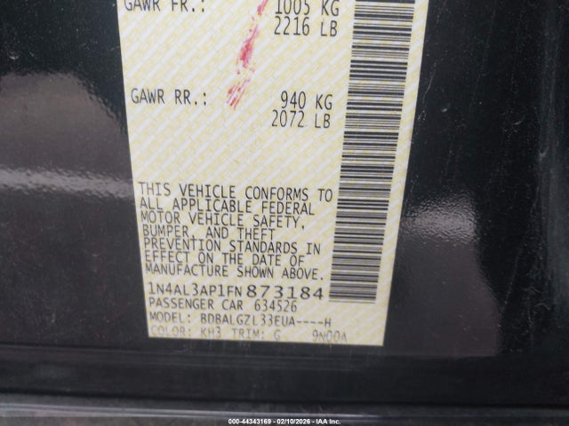 2015 Nissan Altima 2.5 S მანქანა იყიდება აუქციონზე, vin: 1N4AL3AP1FN873184, აუქციონის ნომერი: 44343169