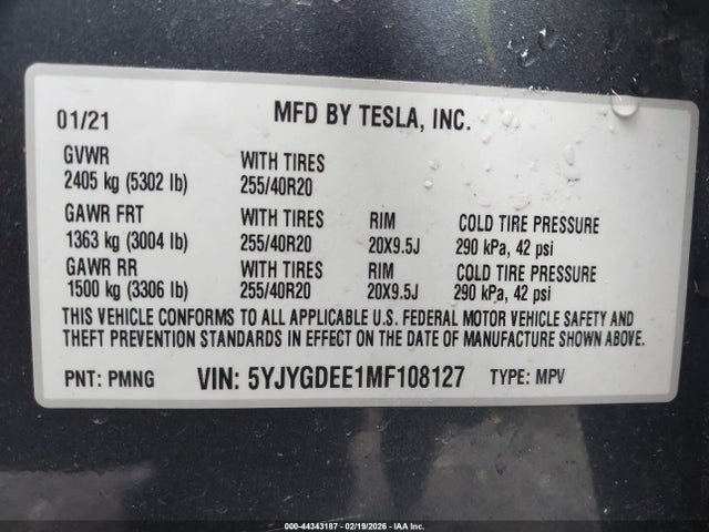 5YJYGDEE1MF108127 Tesla Model Y Long Range Dual Motor All-wheel Drive