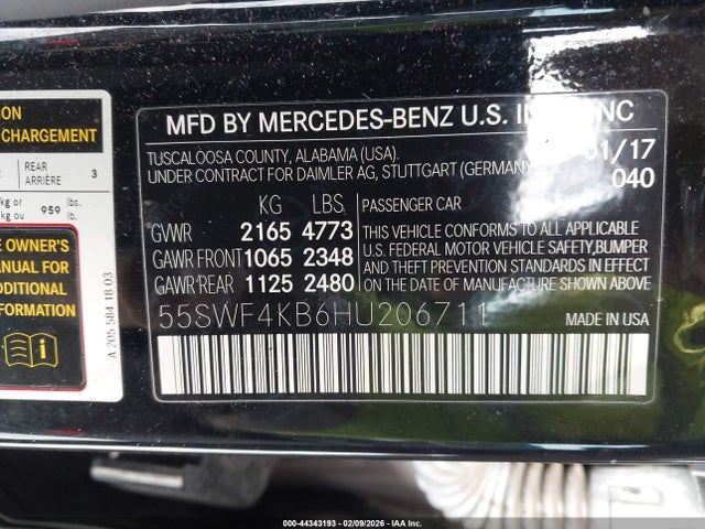 44343193 :رقم المزاد ، 55SWF4KB6HU206711 vin ، 2017 Mercedes-benz C 300 4matic/luxury 4matic/sport 4matic مزاد بيع