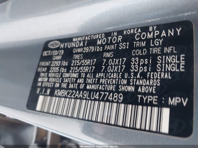 44343215 :رقم المزاد ، KM8K22AA9LU477489 vin ، 2020 Hyundai Kona Sel مزاد بيع