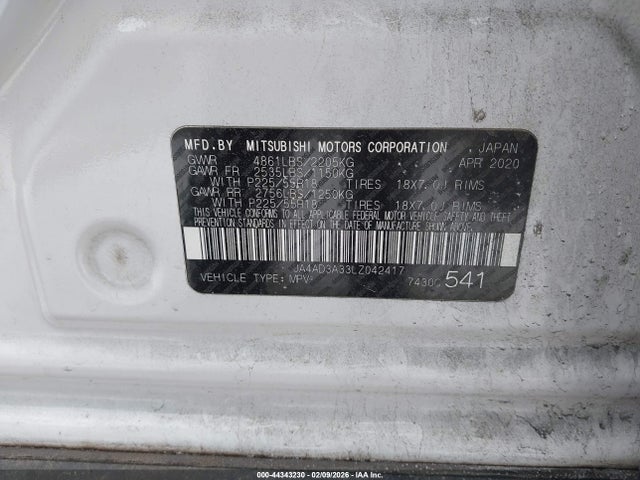 44343230 :رقم المزاد ، JA4AD3A33LZ042417 vin ، 2020 Mitsubishi Outlander Se 2.4 مزاد بيع