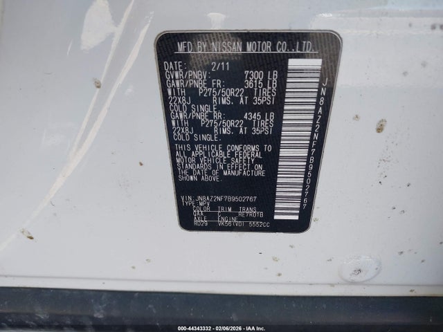 Aukcja sprzedaży 2011 Infiniti Qx56, vin: JN8AZ2NF7B9502767, numer aukcji: 44343332