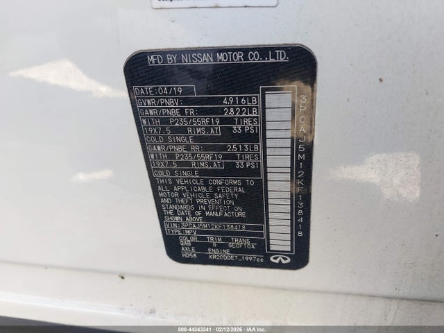 2019 Infiniti Qx50 Essential მანქანა იყიდება აუქციონზე, vin: 3PCAJ5M12KF138418, აუქციონის ნომერი: 44343341