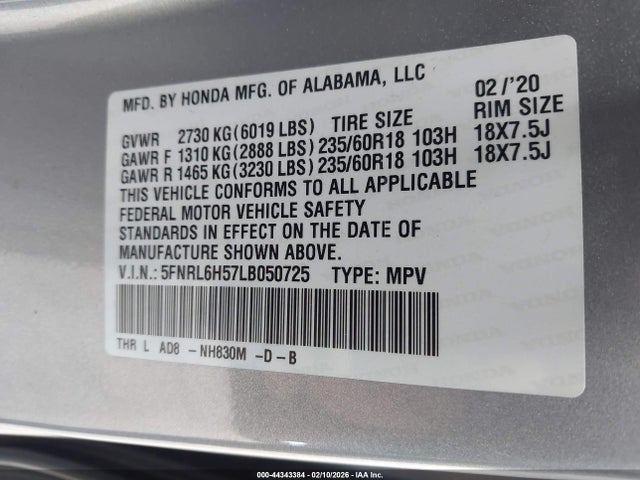 5FNRL6H57LB050725 Honda ODYSSEY EX