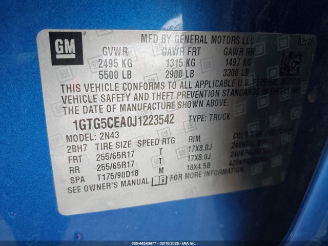 2018 Gmc Canyon Sle მანქანა იყიდება აუქციონზე, vin: 1GTG5CEA0J1223542, აუქციონის ნომერი: 44343477