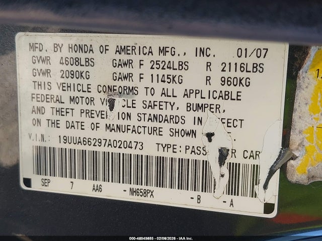 44343485 :رقم المزاد ، 19UUA66297A020473 vin ، 2007 Acura Tl 3.2 مزاد بيع