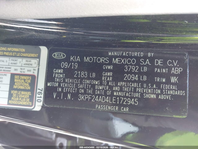 Продажа на аукционе авто 2020 Kia Forte Lxs, vin: 3KPF24AD4LE172945, номер лота: 44343495