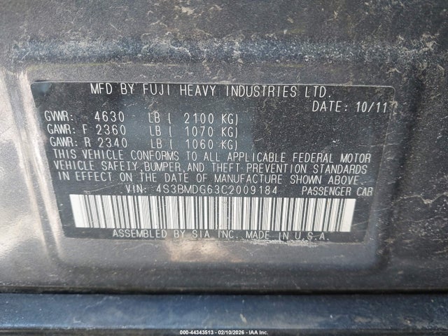 44343513 :رقم المزاد ، 4S3BMDG63C2009184 vin ، 2012 Subaru Legacy 3.6r Premium مزاد بيع