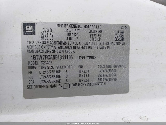 44343528 :رقم المزاد ، 1GTW7FCA0E1911105 vin ، 2014 Gmc Savana 2500 Work Van مزاد بيع