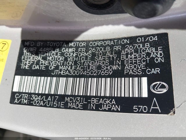 44343534 :رقم المزاد ، JTHBA30G945027659 vin ، 2004 Lexus Es 330 مزاد بيع