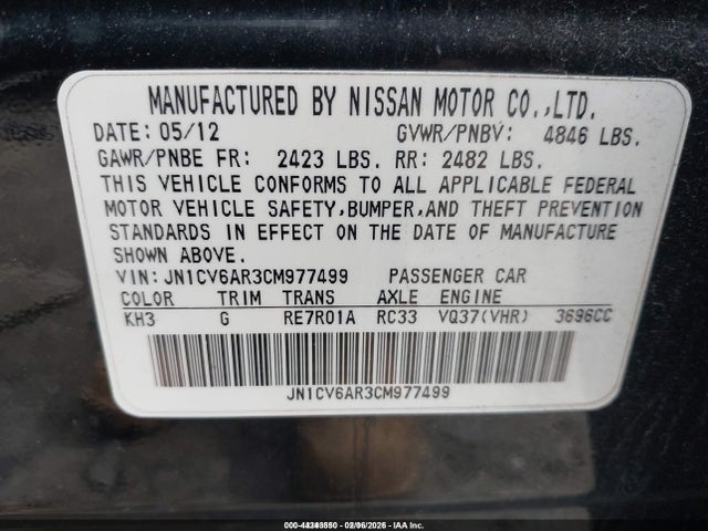 Aukcja sprzedaży 2012 Infiniti G37x, vin: JN1CV6AR3CM977499, numer aukcji: 44343550