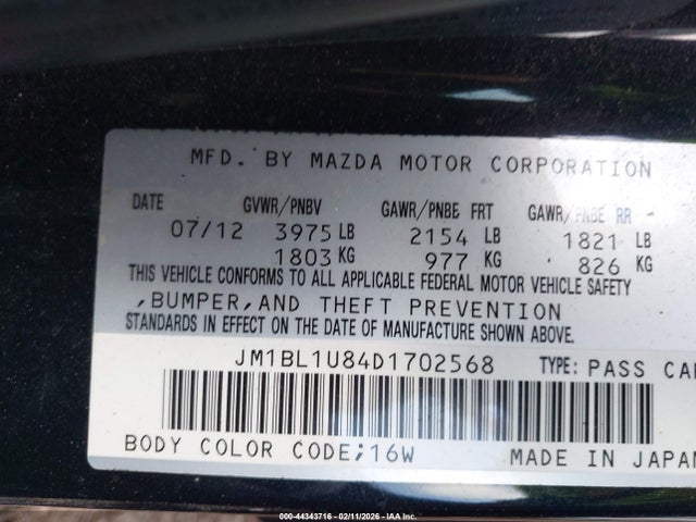 44343716 :رقم المزاد ، JM1BL1U84D1702568 vin ، 2013 Mazda Mazda3 I Sport مزاد بيع