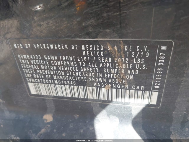 44343729 :رقم المزاد ، 3VWCB7BU3LM016840 vin ، 2020 Volkswagen Jetta 1.4t R-line/1.4t S/1.4t Se مزاد بيع