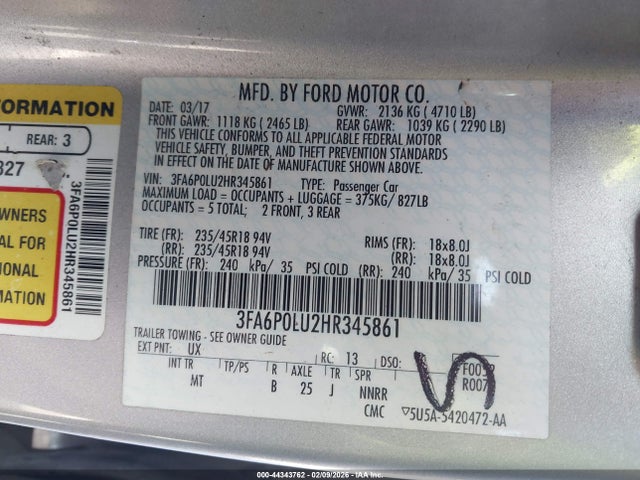 Aukcja sprzedaży 2017 Ford Fusion Hybrid Se, vin: 3FA6P0LU2HR345861, numer aukcji: 44343762