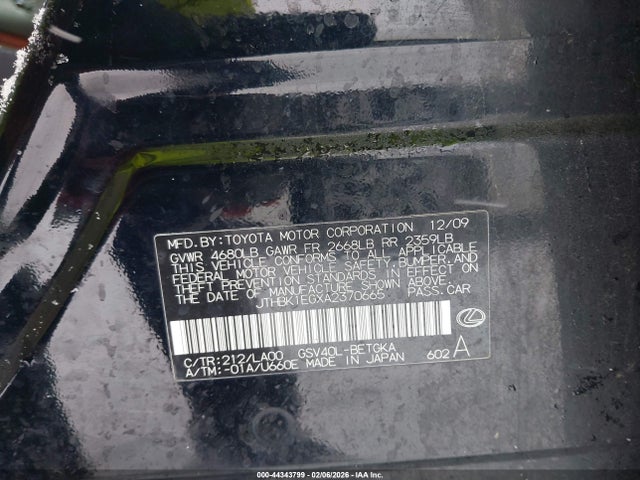44343799 :رقم المزاد ، JTHBK1EGXA2370665 vin ، 2010 Lexus Es 350 مزاد بيع