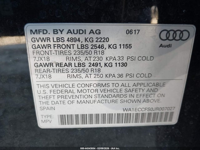 Aukcja sprzedaży 2018 Audi Q3 2.0t Premium/2.0t Sport Premium, vin: WA1ECCFS0JR007027, numer aukcji: 44343854