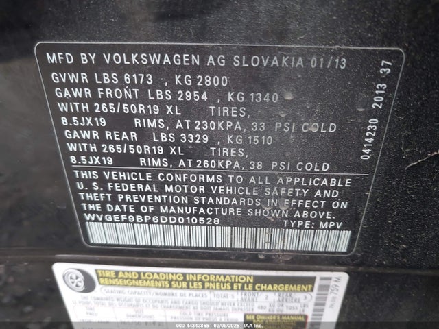 44343865 :رقم المزاد ، WVGEF9BP6DD010528 vin ، 2013 Volkswagen Touareg Vr6 Lux مزاد بيع