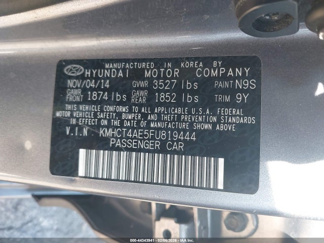44343941 :رقم المزاد ، KMHCT4AE5FU819444 vin ، 2015 Hyundai Accent Gls مزاد بيع