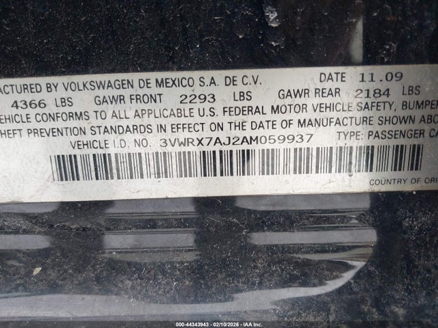 Продаж на аукціоні авто 2010 Volkswagen Jetta Se, vin: 3VWRX7AJ2AM059937, номер лоту: 44343943
