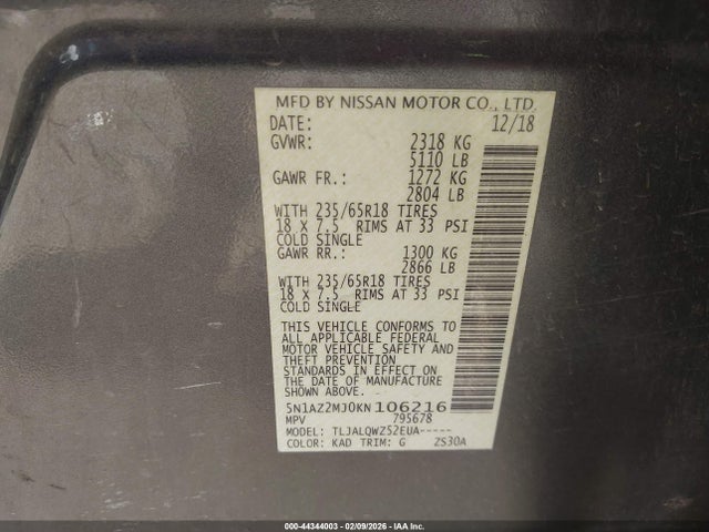5N1AZ2MJ0KN106216 Nissan MURANO SV