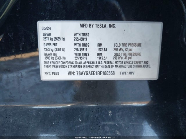 Aukcja sprzedaży 2024 Tesla Model Y Long Range Dual Motor All-wheel Drive, vin: 7SAYGAEE1RF100568, numer aukcji: 44344077